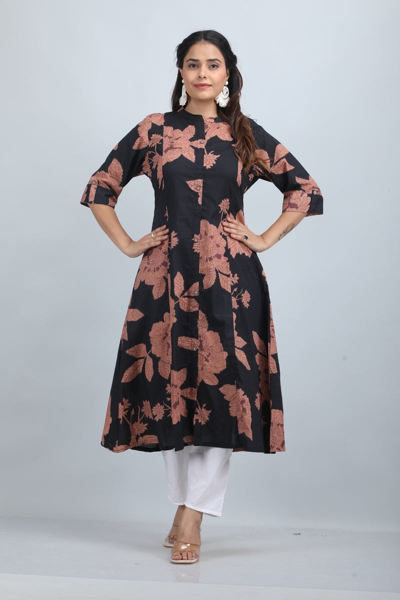 Shifory Floral Print Black A-Line Kurta for Women - Image 1